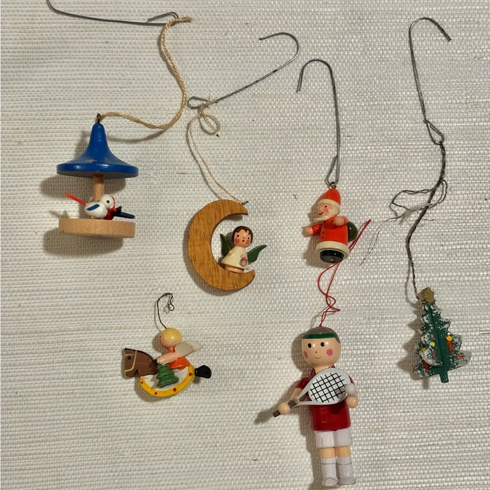 Vintage Lot Of 6 Wooden Christmas Ornaments Wood Painted Made In Germany